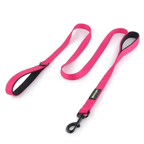Plutus Pet pink double handle dog leash with reflective stitching