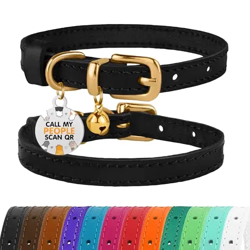 BRONZEDOG leather cat collar with QR ID tag and removable bell
