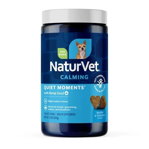 NaturVet Quiet Moments Calming Aid soft chews in a jar with hemp