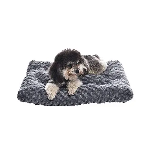 Amazon Basics gray rectangular pet bed pad with a plush surface