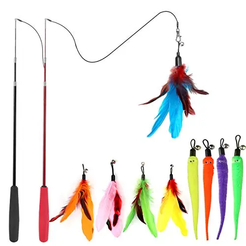 MeoHui telescopic cat wand toy with feather attachments for interactive play