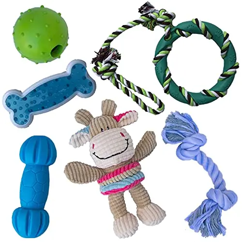 Rocket & rex 6-pack dog toy set with rubber, cotton, ball, and rope toys