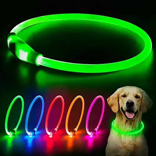 Flashseen LED dog collar made of TPU material glowing green in the dark