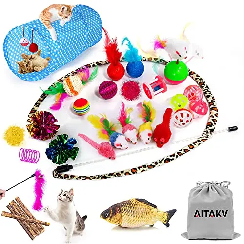 AILUKI 35-piece cat toy assortment including tunnel, wand, and various small toys