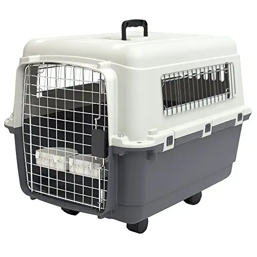 SportPet cream and gray plastic travel dog kennel with removable wheels
