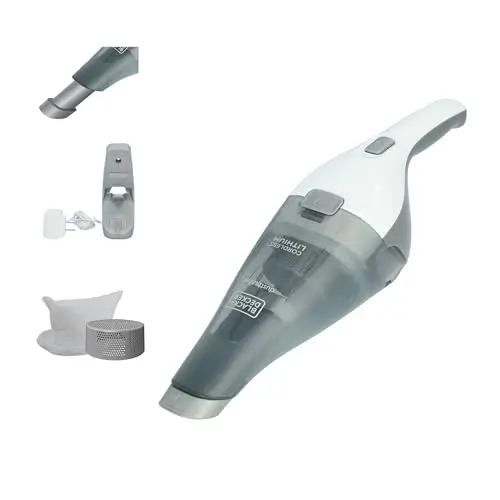 BLACK+DECKER white cordless handheld vacuum with wall mount.