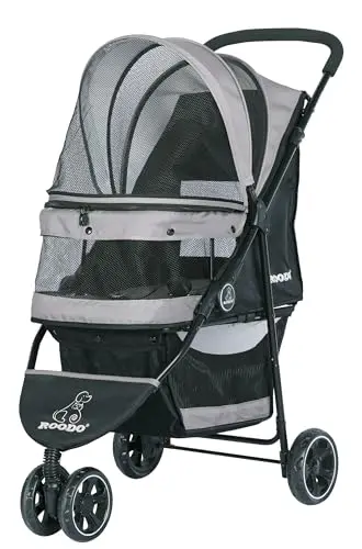 ROODO grey pet stroller with three wheels in a compact design