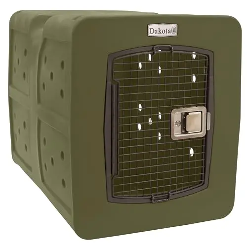 dakota283 extra large olive green plastic dog kennel with a double-latched spring door.
