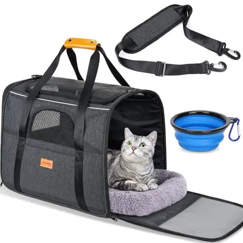Morpilot dark grey soft cat carrier with dual-sided cushion and foldable bowl