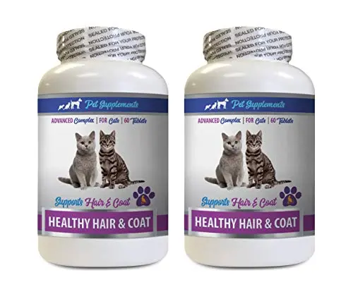 Bottle of cat skin and coat supplement tablets