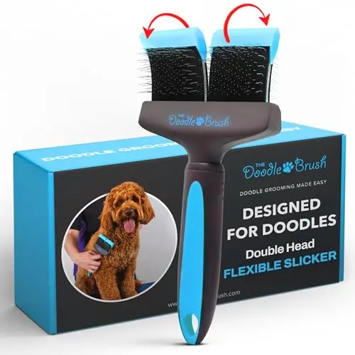The Doodle Brush dual-head slicker brush with a flexible head and two pin types