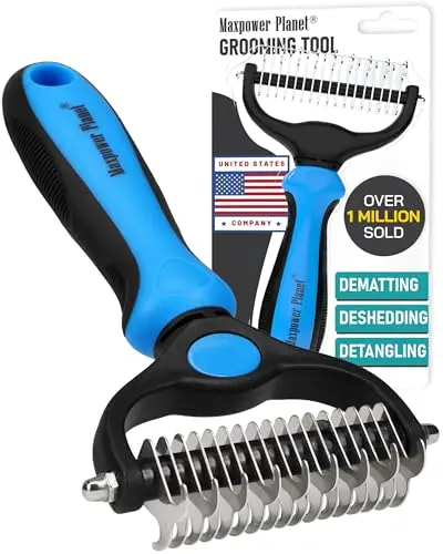 Maxpower Planet double-sided deshedding rake for dogs with red handle