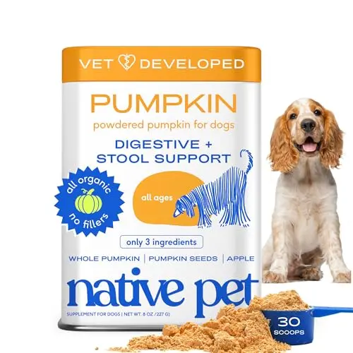 Native Pet organic pumpkin powder for dogs in a container with a scoop