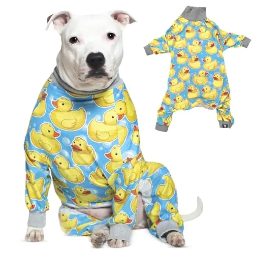 Tooth & Honey rubber ducky dog pajamas on a large pitbull