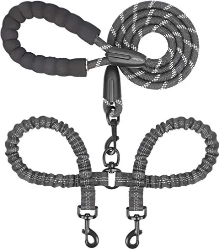 iYoShop black dual dog leash with bungee section and padded handles