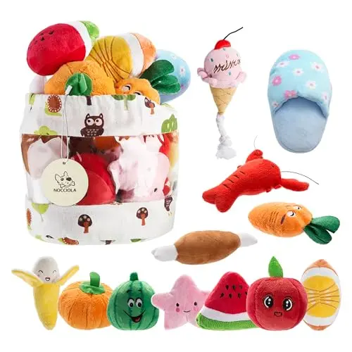 Nocciola 12-piece assortment of small plush squeaky dog toys in fruit and animal shapes