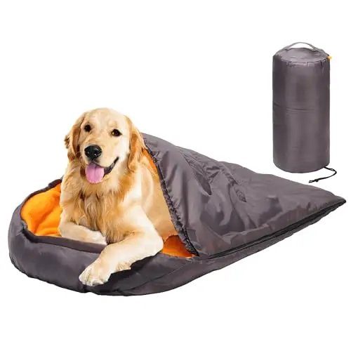 Lifeunion grey and orange dog sleeping bag with storage bag, partially unzipped