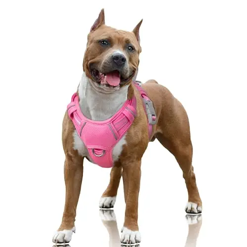 BARKBAY pink reflective dog harness with front clip and handle