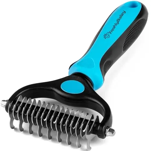 Freshly Bailey blue and black double-sided dematting and deshedding comb