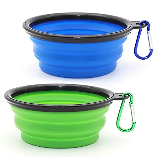 SLSON collapsible silicone dog bowls in blue and green with carabiners
