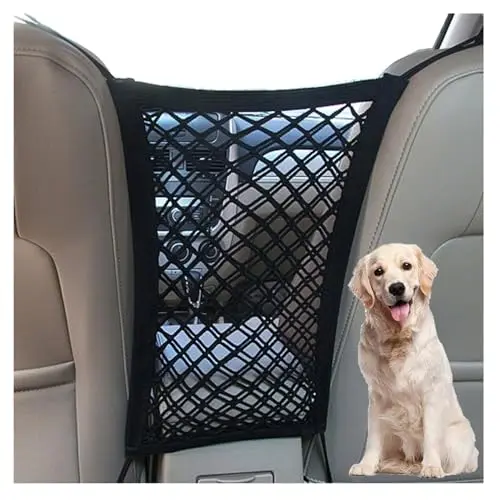 DYKESON stretchy mesh dog barrier with storage pouch installed between car seats.