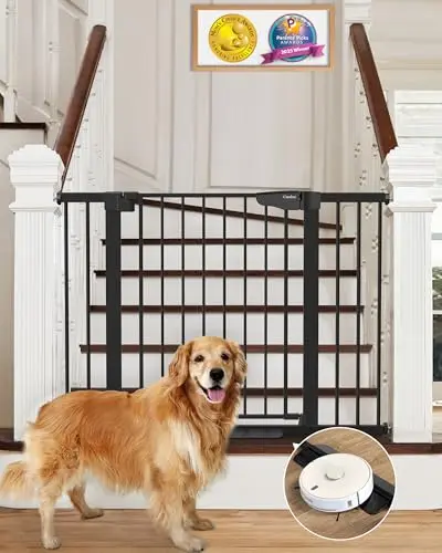 Cumbor black pressure-mounted auto-close baby and dog gate at the bottom of stairs