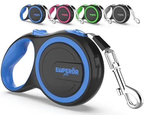 Emperor Pets blue retractable dog leash with a large handle, designed for dogs up to 110 pounds.