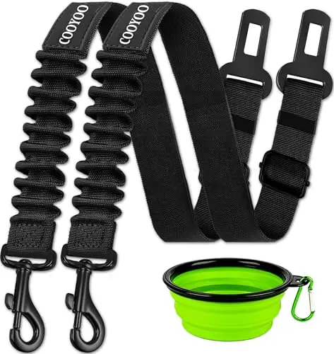 COOYOO 3-piece dog seat belt set with elastic bungee and collapsible water bowl