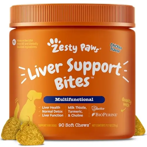 Zesty Paws liver support soft chews for dogs with milk thistle and turmeric