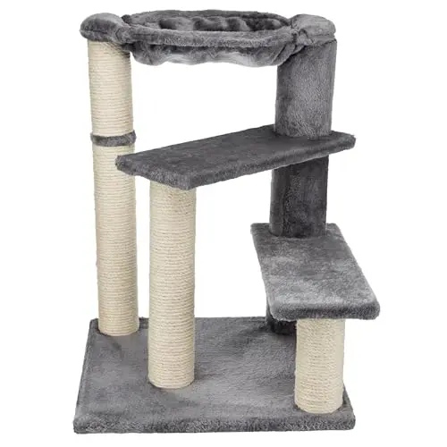 TRIXIE Baza gray cat tree with tiered steps, scratching posts, and a plush hammock