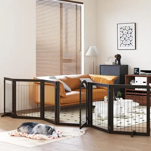 PAWLAND extra wide freestanding pet gate with door in espresso for large dogs