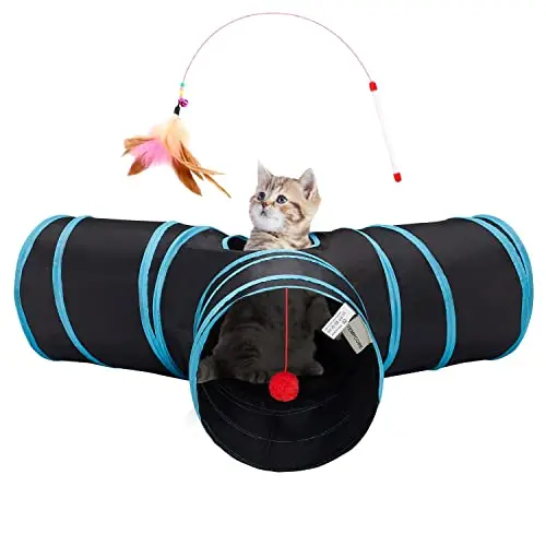 Tempcore blue collapsible fabric cat tunnel with three openings and a dangling ball