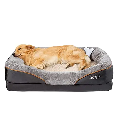 JOYELF XLarge grey memory foam dog bed with bolster sides and squeaker toy