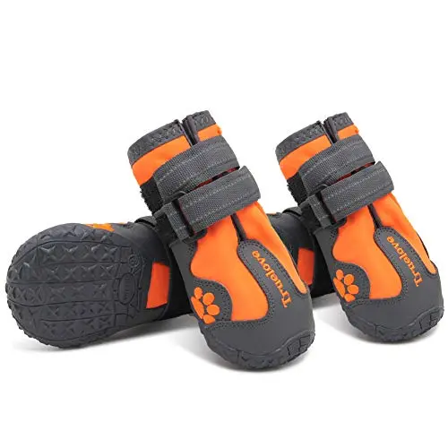 MOKCCI orange dog boots with reflective stitching and straps