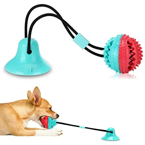 ALLRIER red and turquoise dog tug toy with suction cup base and cleaning nubs