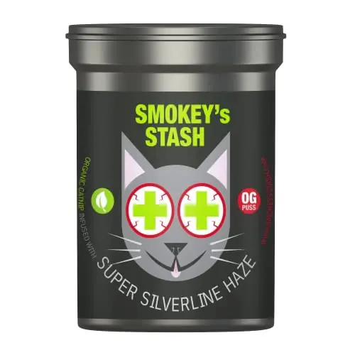 Smokey's Stash Silvervine Haze catnip blend in a small container
