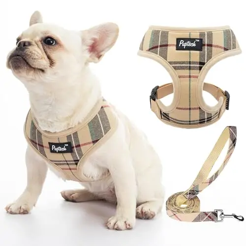 PUPTECK beige soft mesh dog harness with plaid pattern