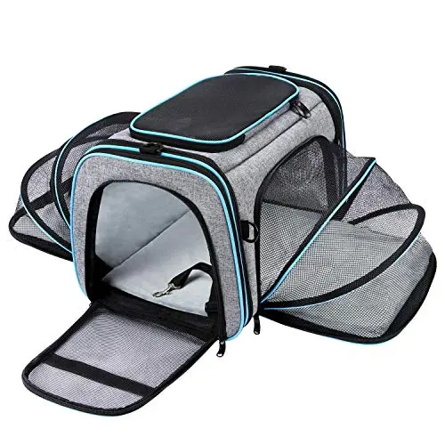 MASKEYON grey and blue soft-sided expandable pet carrier with pockets