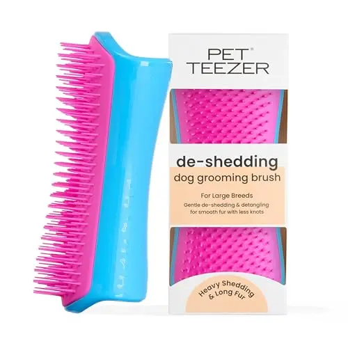 Pet Teezer oblong deshedding brush with two-tier teeth in blue and pink