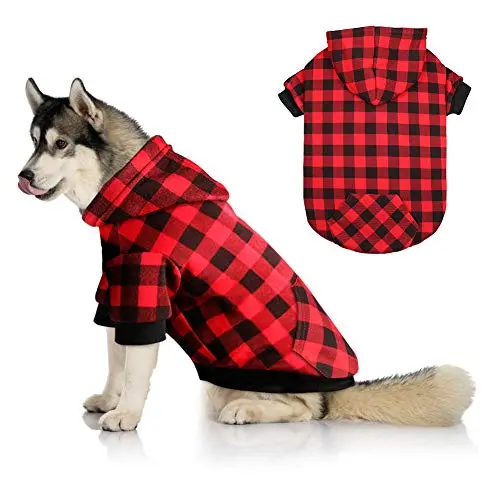 Mtliepte red plaid dog hoodie with pocket on a large dog