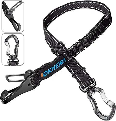 IOKHEIRA updated adjustable dog seat belt with reflective bungee and aviation aluminum carabiner