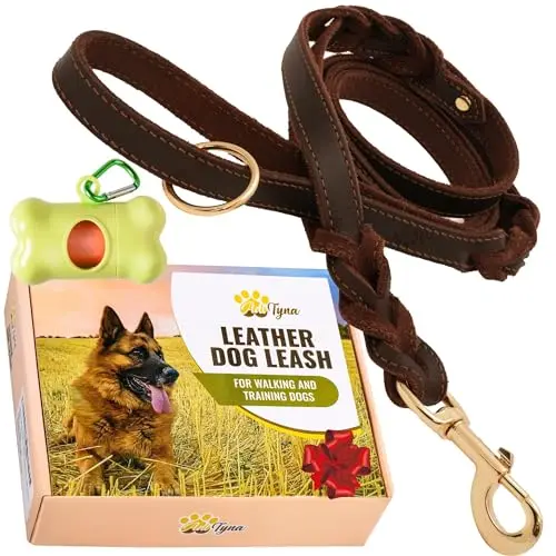 ADITYNA brown double handle braided leather dog leash with traffic handle