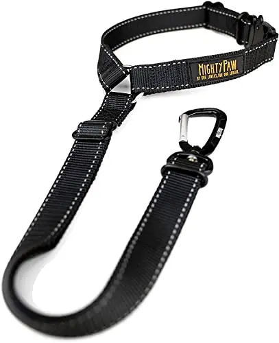 Mighty Paw dog seat belt with aircraft-grade aluminum carabiner for headrest attachment