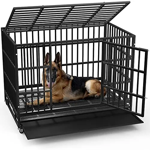 LEMBERI 48 inch alloy steel heavy duty dog kennel with removable tray and wheels