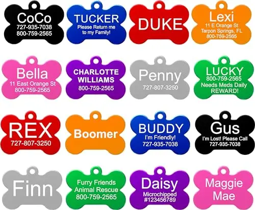Providence Engraving anodized aluminum pet ID tags in various shapes and colors