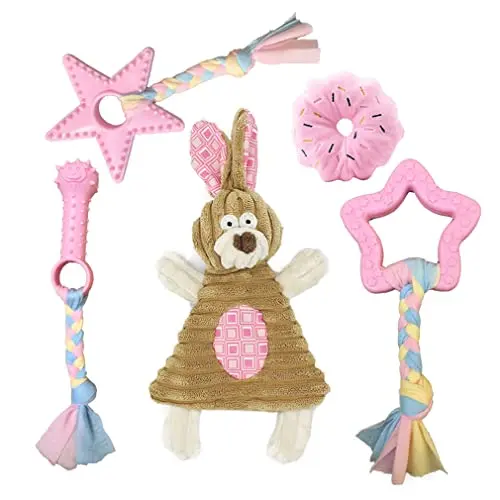 Volacopets 5-pack of pink puppy toys including crinkle bunny and teething items