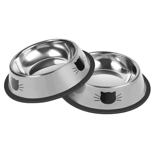 SERENTIVE set of two stainless steel cat bowls with colorful cat outline designs and rubber bases.