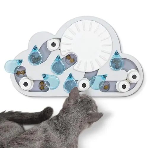Catstages Rainy Day cat puzzle toy with raindrop sliders and a spinning wheel