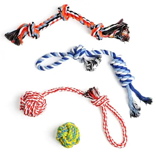 Four different colored cotton rope dog toys in a set
