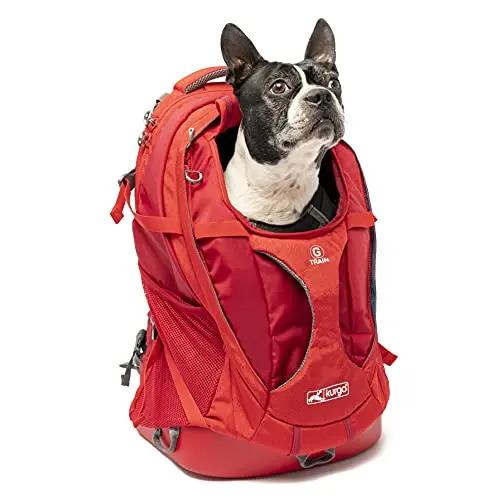 Kurgo red dog carrier backpack with waterproof bottom and multiple compartments
